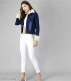 Denim waistcoat for women, solid pattern, long sleeves - dark blue color, size L