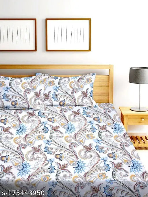 White geometric 180TC premium cotton elastic fitted bedsheets for double bed, LAYNORA HOME