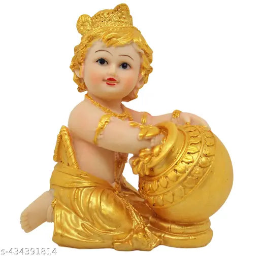 Golden Krishna Idol Statue, high-quality resin, gold-plated Krishna Ji figurine for home decoration or pooja room, dimensions: 11cm L x 14cm H x 6.5cm B