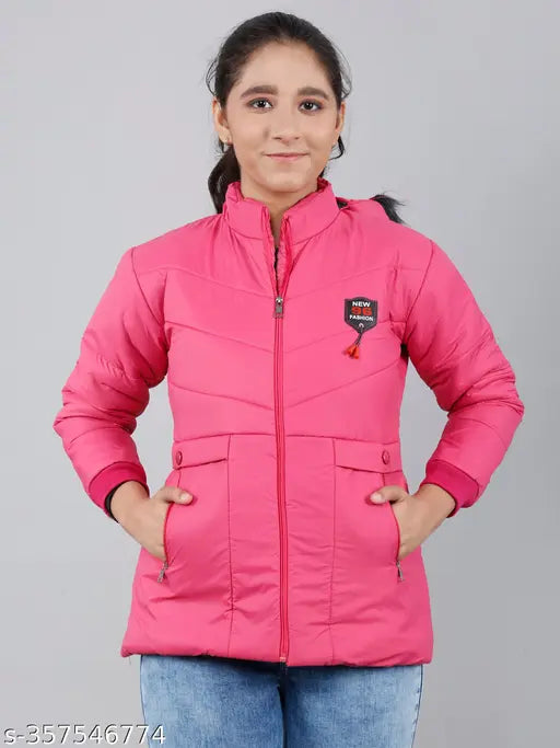 Girl's pink padded winter jacket, hooded, 3 pockets, zip closure