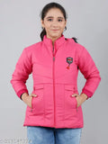 Girl's pink padded winter jacket, hooded, 3 pockets, zip closure