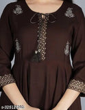 Brown rayon three-quarter sleeve gown, solid pattern for women's fashion. Sizes: S (36in bust), M (38in bust), L (40in bust), XL (42in bust), XXL (44in bust). Made in India