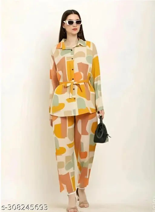 Vibrant Chiko print viscose rayon long sleeve partywear set, Indian-made fashion accessories
