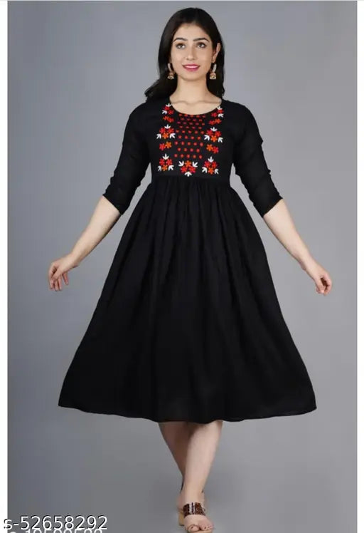 Embroidered rayon kurti with three-quarter sleeves, Indian fashion on model, size S-XXL