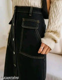 Black midi skirt, high rise waist, side slit, elastic waistband, women's fashion, pure cotton