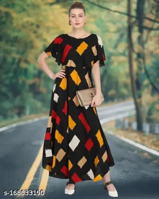 Women's black and multi-colored print maxi kurti, crepe, flared sleeves, printed floral pattern, size S-XXL