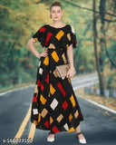 Women's black and multi-colored print maxi kurti, crepe, flared sleeves, printed floral pattern, size S-XXL