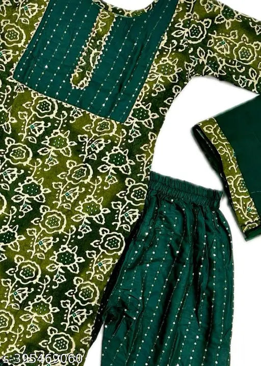 Dark green cotton kids' kurta garara set with dupatta, printed long sleeves for parties. Indian ethnic wear for 7-8 or 13-14 years old." (125 characters)