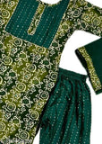 Dark green cotton Kids kurta garara set with dupatta, classic sharara style for party wear, 7-8 years or 13-14 years size