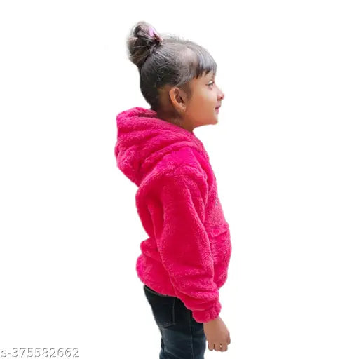 Faux fur hoodie, polyester self-design for kids girls winter wear, 12-13 years size, India