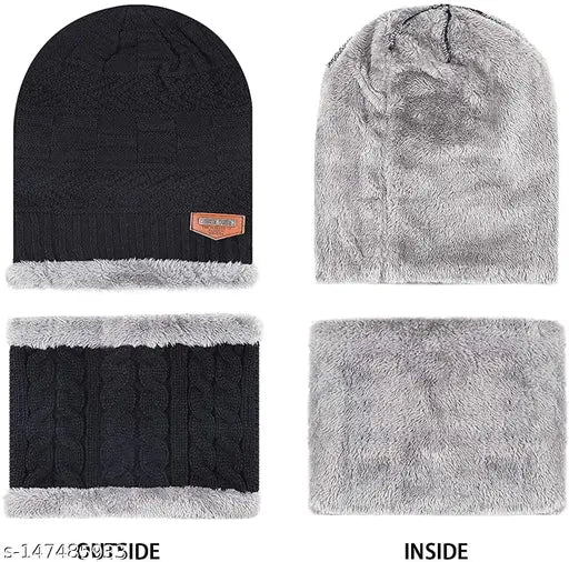 Knitted beanie hat, faux fur pom, woolen winter cap, women's skull cap, set of 1