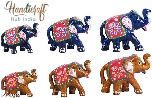 Handcrafted gold poly resin elephant figurines set of 6, traditional Rajasthani artwork for home decor (10x10x10 cm each)