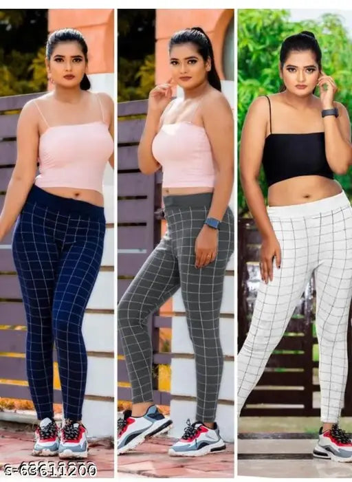 Designer modern lycra checkered jeggings for women - India-made, size 28 with waist 29in & length 40in