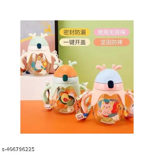 Greenfinch Cute Kids Water Cup Kindergarten Antlers Portable Anti-fall Straw with Handle 350 ml Water Bottle (Set of 1, Multicolor)