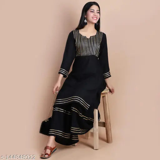 Black and gold embroidered kurta set with gota patti border