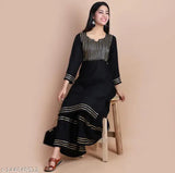 Black and gold embroidered kurta set with gota patti border