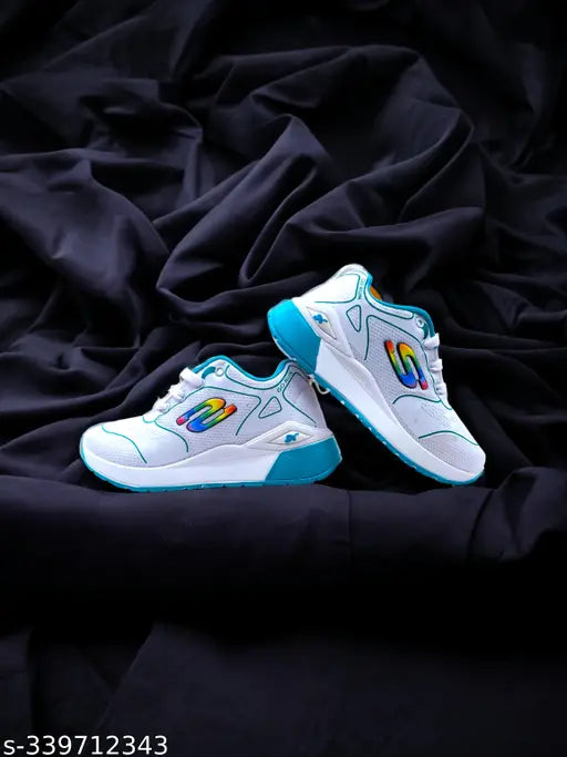 White casual sneakers with blue sole for young gamers