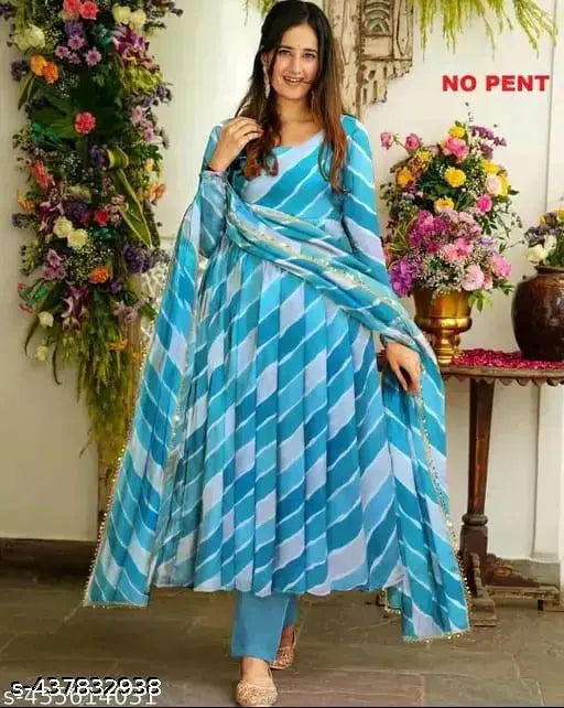 Georgette Laheriya printed dress set with dupatta and bottomwear, three-quarter sleeves, perfect fitting for women's fashion, India origin