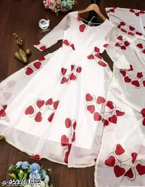 Georgette printed fancy anarkali gown with Guptta lace border, long sleeves and full ghera style, Indian handcrafted clothing