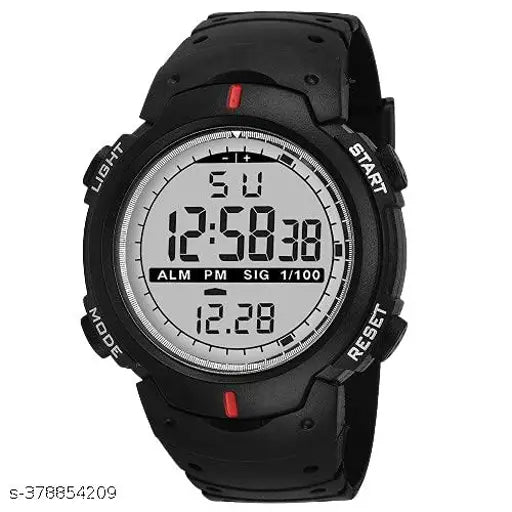 Digital watch with black strap, red and blue detailing, and digital display showing time