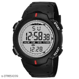 Digital watch with black strap, red and blue detailing, and digital display showing time