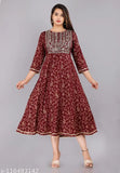Rayon three-quarter sleeve printed kurtis with sequins embroidery, wine color, women's anarkali kurti from India