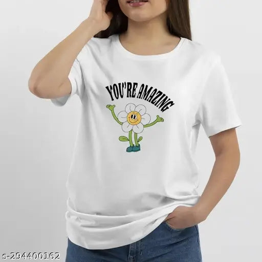 Women's white round neck half sleeve T-shirt, graphic print featuring cute cartoon flower with text