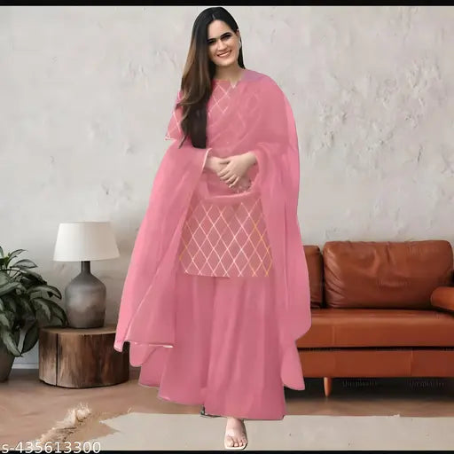 Pink and beige embroidered kameez saree set with dupatta for self gift