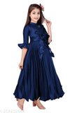 Blue silk blend frock for girls (3-4 years or 4-5 years), solid pattern, short sleeves