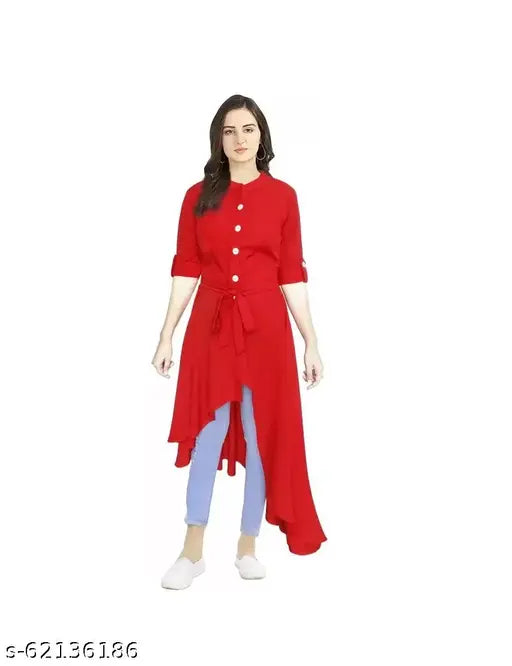 Golden crepe long asymmetric kurta/kurti dress with front slit and short sleeves for women and girls, available in various sizes on Gillkart