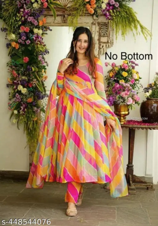 Red heart-printed Georgette multicolor gown, perfect for parties and special occasions. Indian fashion in quality Georgette fabric." (89 characters)