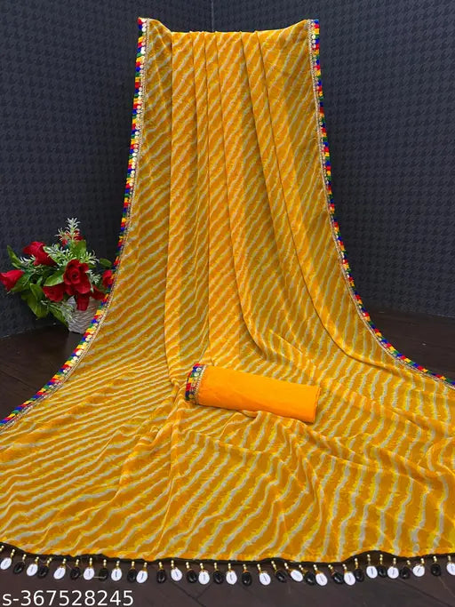 Shibori Georgette print Lehriya silk saree, gold and multi-colored, with lace detailing and a blouse