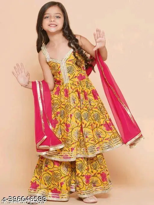 Rayon print anarkali kurta set with dupatta & sharara for girls (5-12 yrs), Indian festive wear