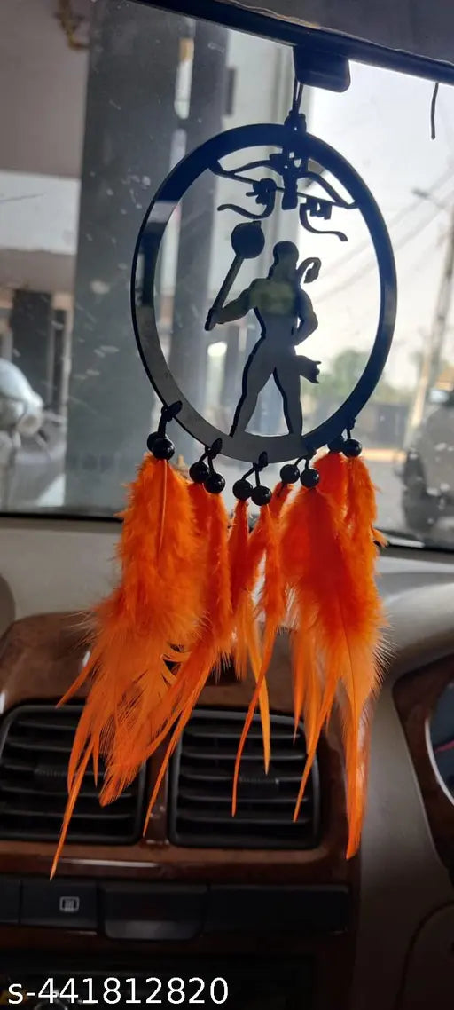 Handmade wooden Art Deco Shree Ram orange dream catcher, perfect for car decor in automotive showpieces. Made in India