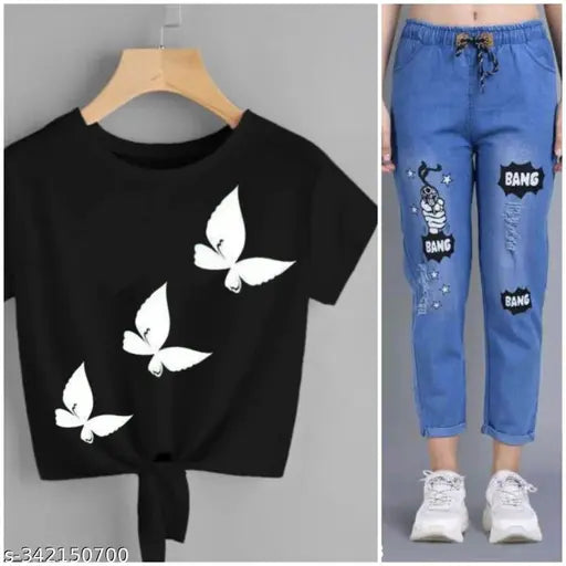 Women's cotton blend t-shirt and denim jogger combo pack2, trendy fashion with printed design, XS, S, M sizes, India origin