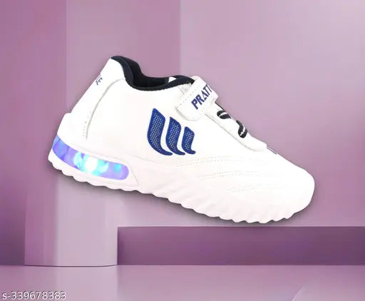 White shoes with blue accents, light-up details, and velcro closures