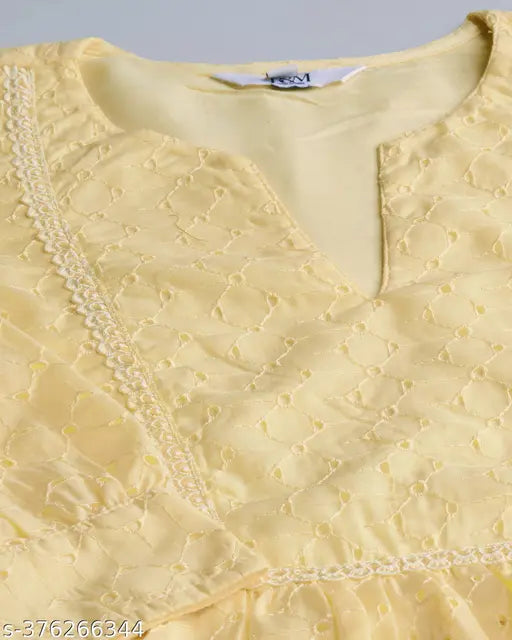 Yellow pure cotton Schiffli top with three-quarter sleeves, printed net pattern, India origin