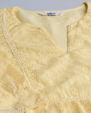Yellow pure cotton Schiffli top with three-quarter sleeves, printed net pattern, India origin