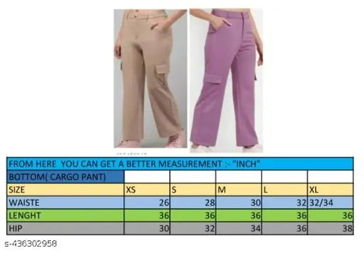 The image displays a pair of slim-fit, stretchy cargo pants in purple with functional pockets. They feature an adjustable waistband and are designed for everyday wear