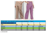 The image displays a pair of slim-fit, stretchy cargo pants in purple with functional pockets. They feature an adjustable waistband and are designed for everyday wear