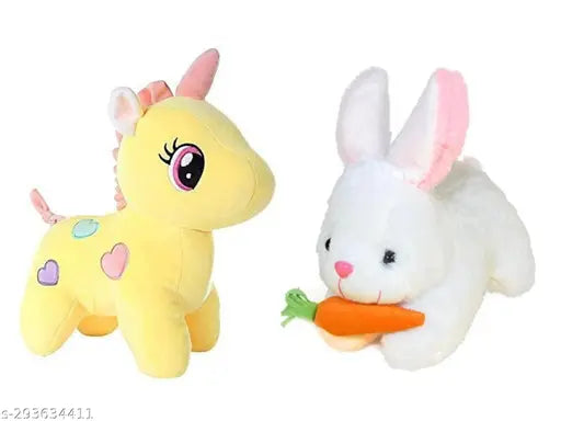 1 Pcs Yellow Unicorn And 1 Pcs White Rabbit Attractive Soft Toys Best Gift For Valentine Day, Kids Birthday, Marriage Anniversary Gift ( Yellow Unicorn - 25 Cm And Rabbit Carrot - 25 Cm )