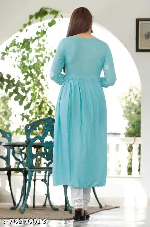 Rayon slub embroidered net kurta set with pants for women, single size S-XXXL, Indian craftsmanship