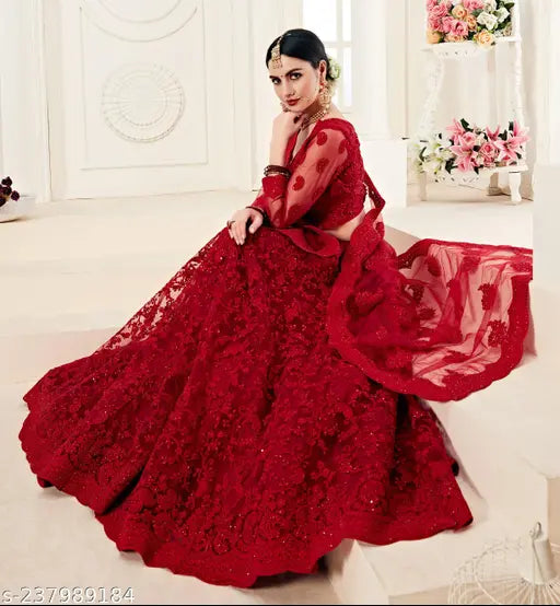 Embroidered free-size net lehenga choli & dupatta, Indian handcrafted semi-stitched tradition