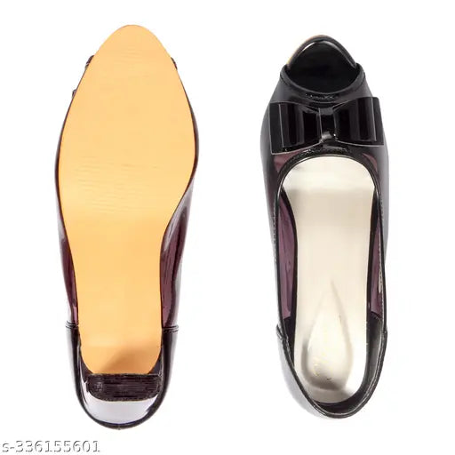 Glossy patent leather women's slip-on peep toe pumps with medium chunky heel and cute bow detail, ideal for various occasions. Indian-made