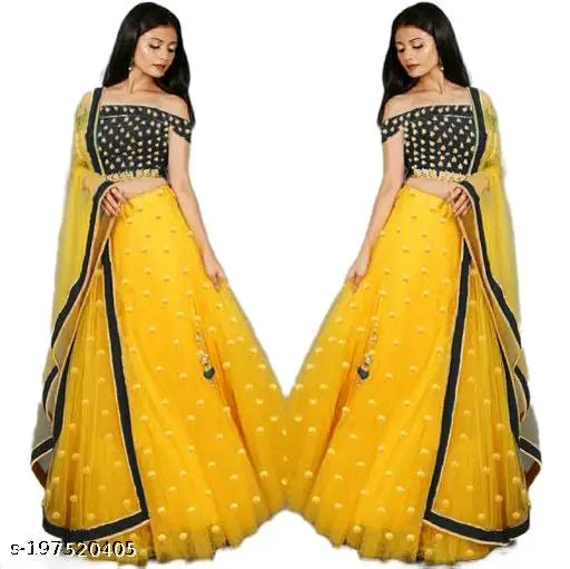 Embroidered designer lehenga set in satin, net, and lace with semi-stitched blouse piece and dupatta, Indian traditional wedding wear