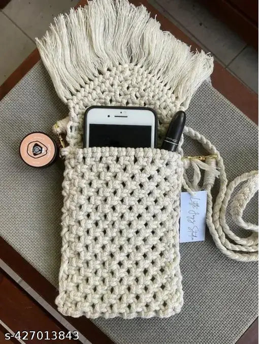 Black fringe Macrame clutch with tag, 6.3cm length