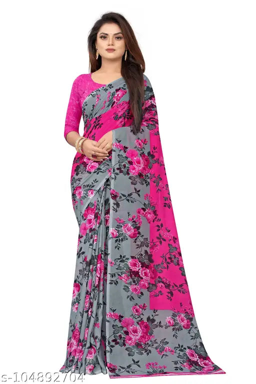 Pink and gray floral printed saree