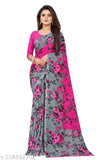 Pink and gray floral printed saree