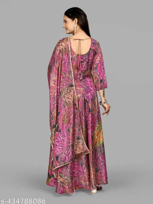 Digital floral print Anarkali gown in art silk, long sleeves, floor length. Vibrant, elegant, and perfect for special events