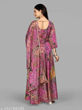 Digital floral print Anarkali gown in art silk, long sleeves, floor length. Vibrant, elegant, and perfect for special events